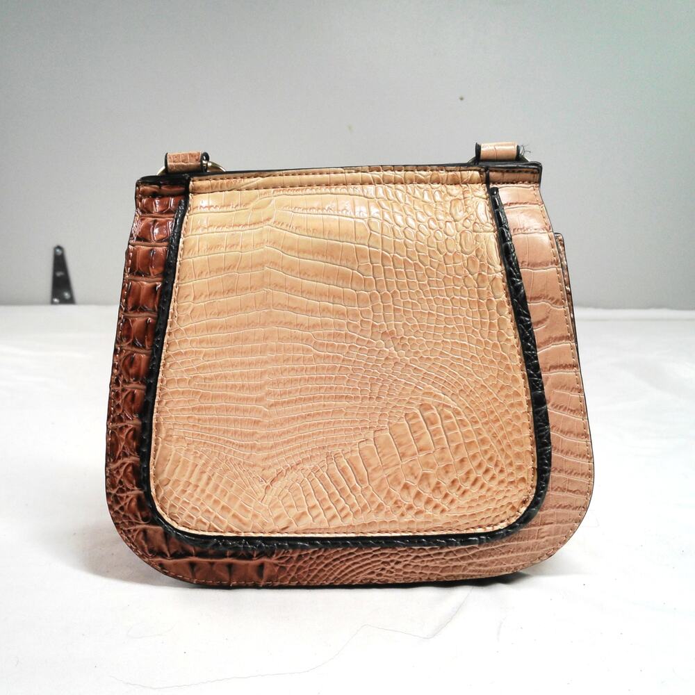 Croc Embossed Faux Leather Purse Brown Tan Shoulder Handbag Snap Flap